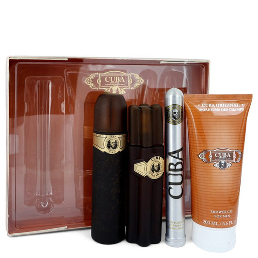 Cuba Gold by Fragluxe Gift Set -- 3.3 oz Eau De Toilette Spray + 1.17 oz Eau De Toilette Spray + 3.3 oz After Shave + 6.7 oz Shower Gel for Men - PerfumeOutlet.com