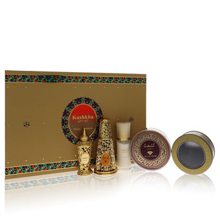 Swiss Arabian Kashkha by Swiss Arabian Gift Set -- 1.7 oz Eau De Parfum + .7 oz Concentrated Perfume Oil + 24 grams of Oud Muattar Incense + 6 tablets of Bakhoor Incense + 1.35 oz Body Lotion for Men - PerfumeOutlet.com